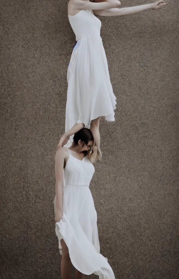 Image similar to photo of gorgeous seductive tall emily skinner cosplaying annie leonhart wearing elegant white dress, wearing open toe heels, in a white room, beautiful face, pale skin, rule of thirds, cinematic lighting, sharp focus, backlit, stunning, smooth, hard focus, full body shot, studio photo, shot on sony a 7 iii