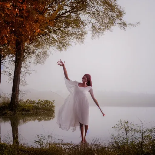 Prompt: a soaking wet ghostly woman in a white dress dancing in a quiet misty lake, high resolution photograph, late autumn, sunset, eerie light