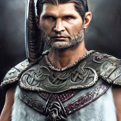 Image similar to of a viking from valhalla, wearing the horned helmet ultra fine detail, hair strands, ultra high resolution, fine texture detail, miniature painting techniques, perfect proportions, marvel cinematic universe, eric bana