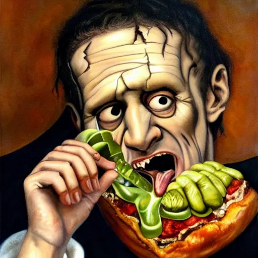 Image similar to hyper realistic painting of frankenstein eating a slice of pizza with his mouth wide open