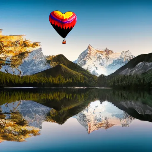 Image similar to photo of two black swans swimming in a beautiful reflective mountain lake, touching heads, forming a heart with their necks, a colorful hot air balloon is flying above the swans, hot air balloon, intricate, 8k highly professionally detailed, HDR, CGsociety