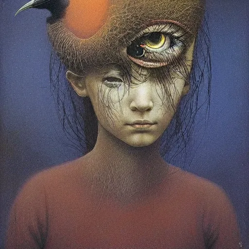 Prompt: young girl with a crow's head , painting by Beksinski