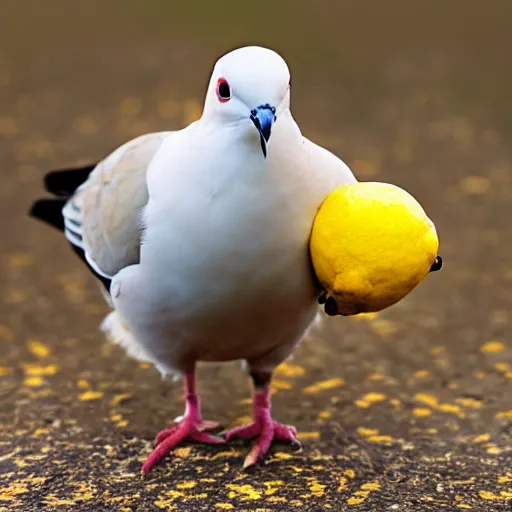 Image similar to a dove carrying a lemon, nature photography, 8k