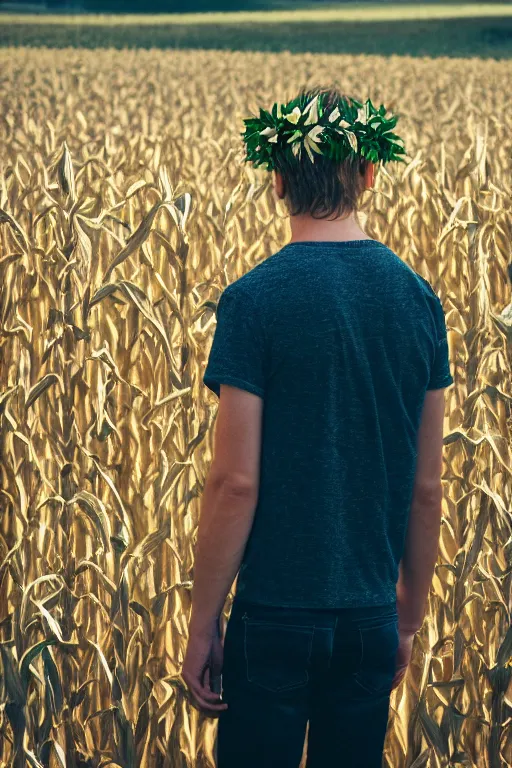 Image similar to agfa vista 4 0 0 photograph of a skinny blonde guy standing in a dark cornfield, flower crown, back view, grain, moody lighting, moody vibe, telephoto, 9 0 s vibe, blurry background, vaporwave colors!, faded!,