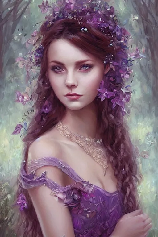 Image similar to portrait for beautiful fairy women with purple eyes clothed in beads and lace, by mandy jurgens, gorgeous, elegant