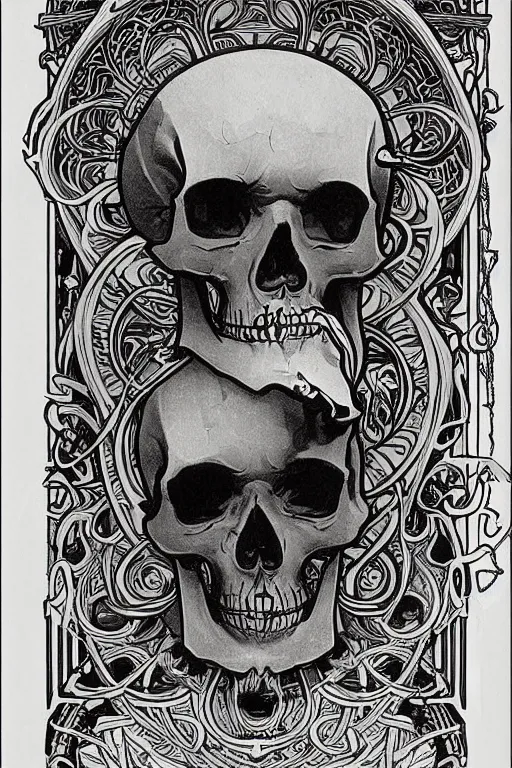 Prompt: bearded skull, illustration art by alphonse mucha