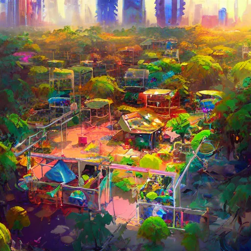 Image similar to hippie bohemian encampment with tie - dye tents and a garden with solar panels. a futuristic city in the distance. art by jesper ejsing, by rhads and tyler edlin, cgsociety, panfuturism, dystopian, bold colors, digital art, cyberpunk, expressive brushstrokes. anime aesthetic