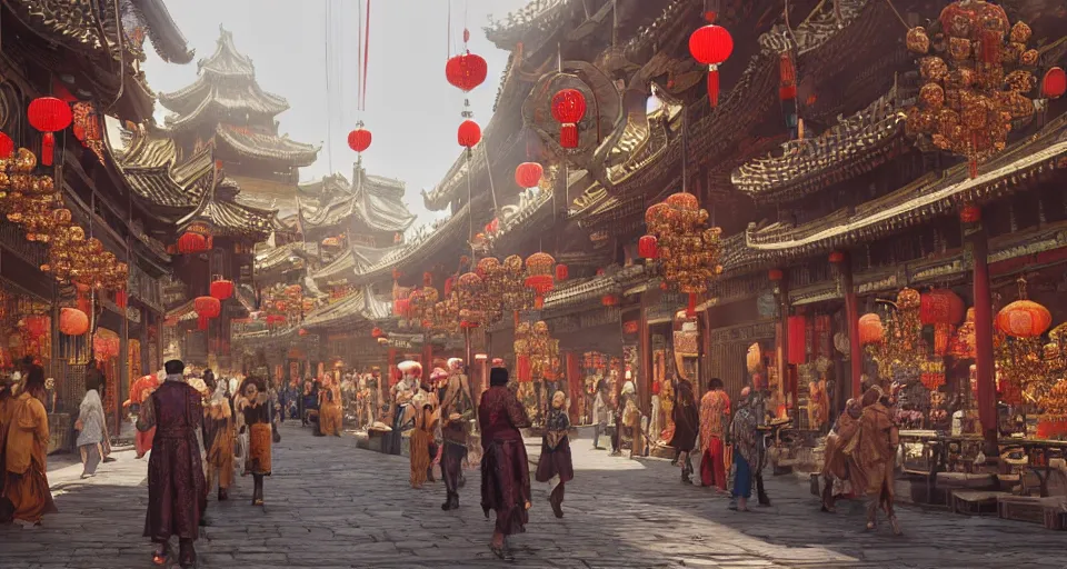 Image similar to an opulent chinese style game scene cg design, ancient lively bazaar street ， full of details, matte painting, concept art, smooth ， trending on cgsociety and blender ， unreal engine ， 8 khdr ， light effect ， rtx on ， - h 6 4 0