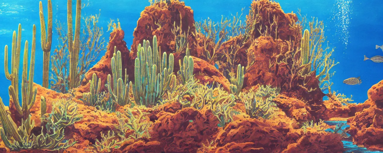 Image similar to a desert underwater super detailed acrylic painting, movie poster 7 0's