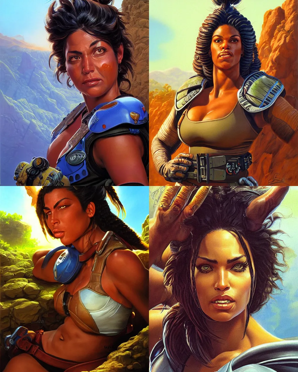 Prompt: portrait, loba andrade from apex legends, by boris vallejo, jeff easley, sharp focus, hyperrealistic, intricate, summer day, sunlight, soft lighting, detailed