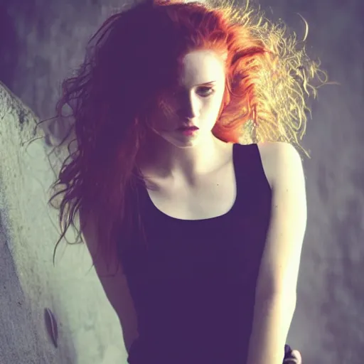 Prompt: beautiful irish lass ( model ) ( young ) with red wavy hair and piecing eyes, soft flawless pale skin, wearing a black crop top photography dramatic dark lighting, hyperrealistic teen