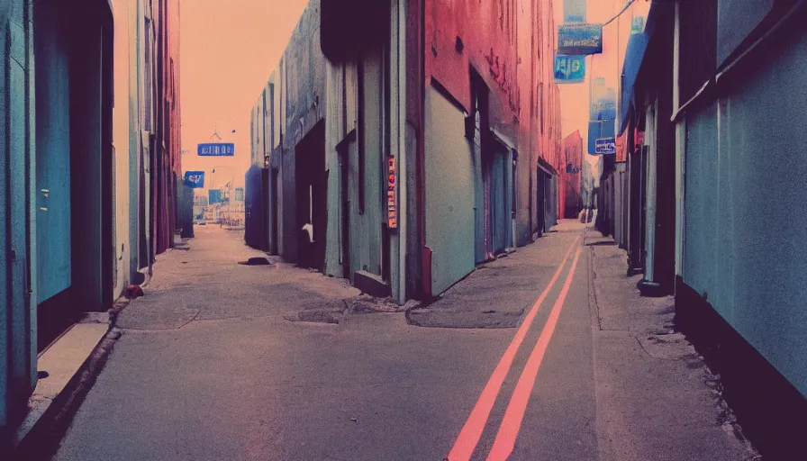 Prompt: analog polaroid photograph of an alley with road markings and neon lights, high perspective, warm azure tones, red color bleed, duotone, heavy film grain, depth of field