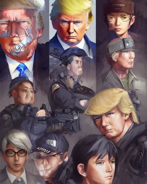 Image similar to donald trump wearing tactical gear, very anime, fine - face, donald trump, realistic shaded perfect face, fine details. anime. studio ghibli, magali villeneuve, artgerm, jeremy lipkin and michael garmash and rob rey
