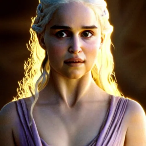 Image similar to daenerys targaryen played by a young natalie portman with smooth skin and light violet eyes, ethereal, mystic, medium shot, detailed eyes, vivid, golden hour