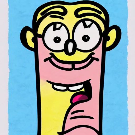 Image similar to cartoon style, strong chin, big smile, big lips, handsome squidward portrait, vivid colors