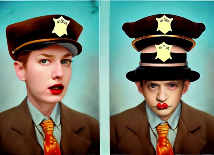 Image similar to a donut wearing a cop hat, lowbrow, matte painting, 3 - d highly detailed, in the style of mark ryden,