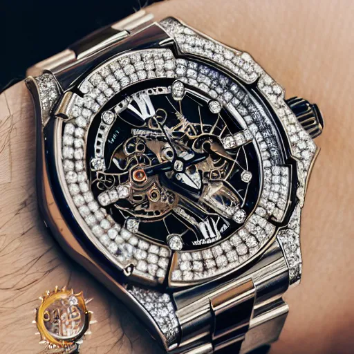 Image similar to vvs diamond watch, intricate design, rolex, cogs and gears, steampunk watch, bejeweled beautiful watch, richard mille, breitling watch, promotional photo, 8 k photography