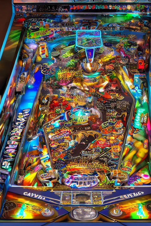 Image similar to a detailed pinball table layout overhead view, game art, realistic digital art, fluorescent colors, halluzinogenic, multicolored, exaggerated detailed, unreal engine