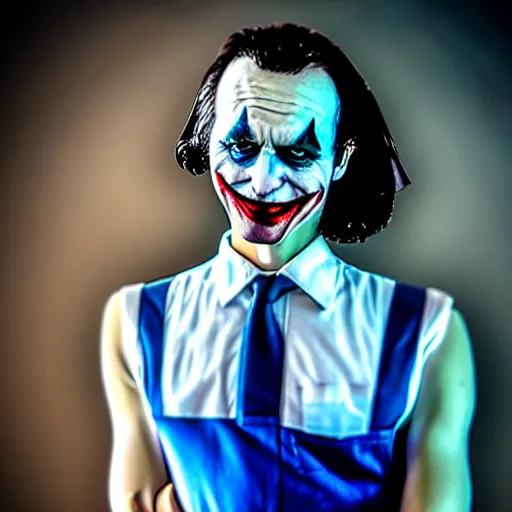 Prompt: the Joker wearing maid dress in restroom, fully body photo, realistic, blue lighting