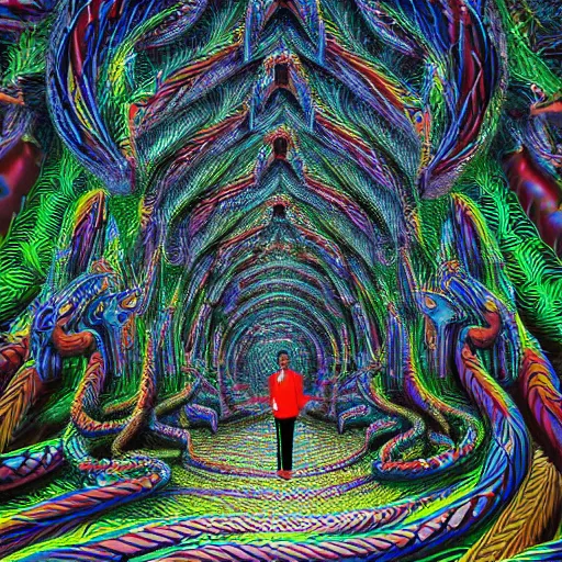 Image similar to !dream Photorealistic man standing inside a temple made of snakes. Hyperdetailed photorealism, 108 megapixels, amazing depth, glowing rich colors, powerful imagery, psychedelic Overtones