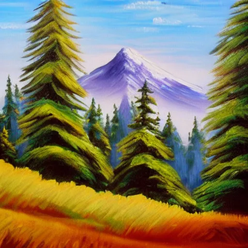 Image similar to Bob-Ross-Style-Landscape-Painting of a huge mountain and pine trees