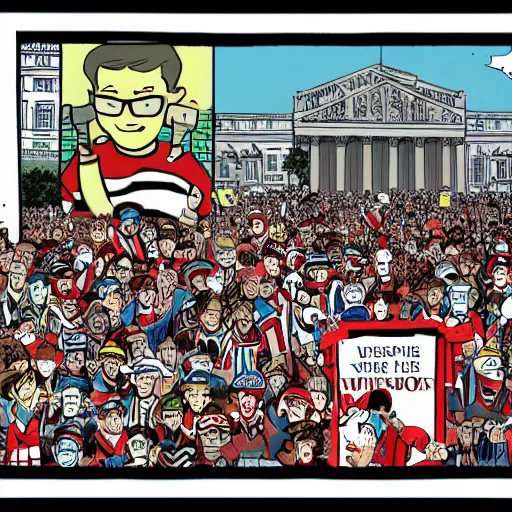 Image similar to page from a Where's Waldo book set at the US Capitol riot