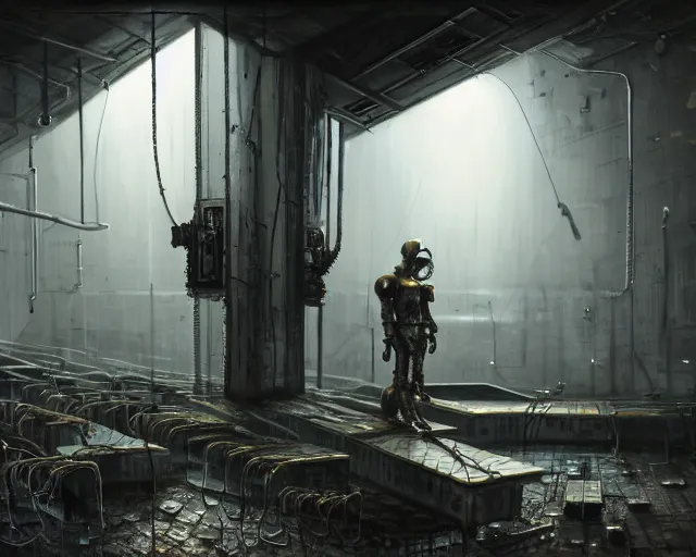 Image similar to gloomy ruined server room in datacenter robot figure automata rusty steel robot knight colossus welder posing pacing fixing soldering mono sharp focus, emitting diodes, smoke, artillery, sparks, racks, system unit, motherboard, by pascal blanche rutkowski repin artstation hyperrealism painting concept art of detailed character design matte painting, 4 k resolution blade runner