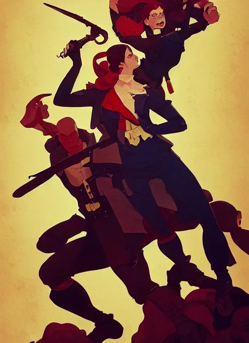 Prompt: french revolutionaries fighting for freedom, in the style of artgerm, gerald brom, atey ghailan and mike mignola, vibrant colors and hard shadows and strong rim light, plain background, comic cover art, trending on artstation