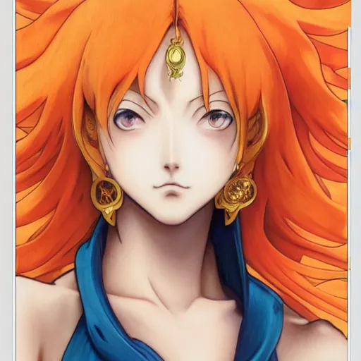 Image similar to intricately detailed vfx portrait of nami from one piece by eiichiro oda, makoto shinkai, alphonse mucha, art by artgerm and greg rutkowski, best of behance, concept art, matte, sharp focus, orange hair, elegant, adolphe bouguereau, annie leibovitz, stanley kubrick, cel shading, ray tracing, hdr,