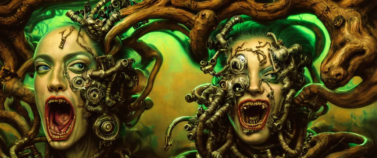 Image similar to hyperrealistic hyper detailed neo-rococo 35mm portrait of baroque cyborg gorgone screaming covered in urban graffiti matte painting concept art dali hannah yata very dramatic forest green lighting low angle hd 8k sharp shallow depth of field