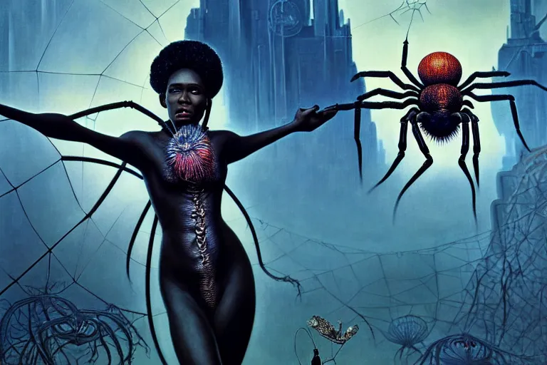 Prompt: realistic detailed photorealistic film portrait shot of a beautiful black woman with a giant spider, sci-fi city landscape background by Denis Villeneuve, Amano, Yves Tanguy, Alphonse Mucha, Ernst Haeckel, Max Ernst, Andrei Tarkovsky, Edward Robert Hughes, Roger Dean, necklace, dynamic pose, rich moody colours, wide angle, blue eyes