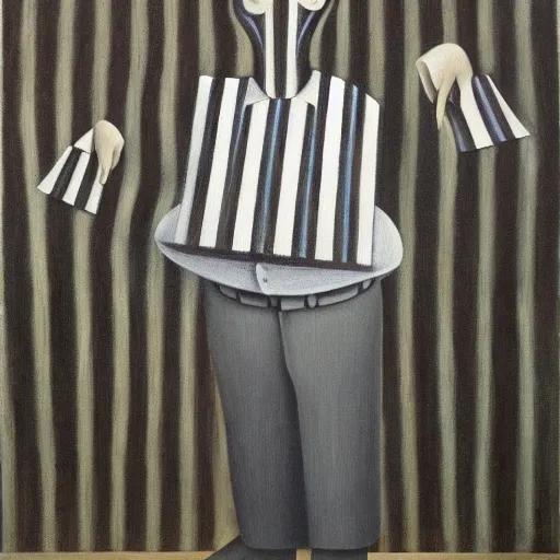 Image similar to a painting of a man wearing striped shirt, a surrealist painting by gertrude abercrombie. surrealism, dark, low contrast, featured on pixiv, precisionism, art on instagram, detailed painting