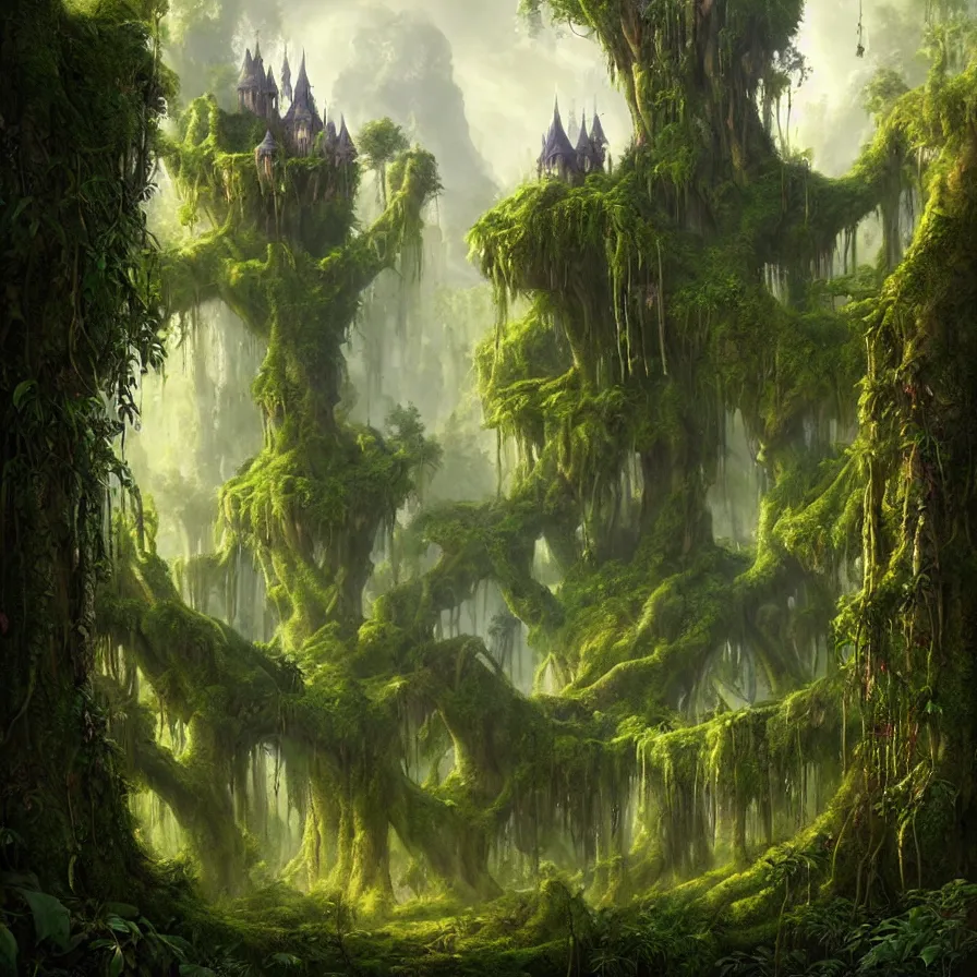 Image similar to fairy palace, castle towers, gnarly trees, lush vegetation, forest landscape, painted by tom bagshaw, raphael lacoste, eddie mendoza, alex ross concept art matte painting