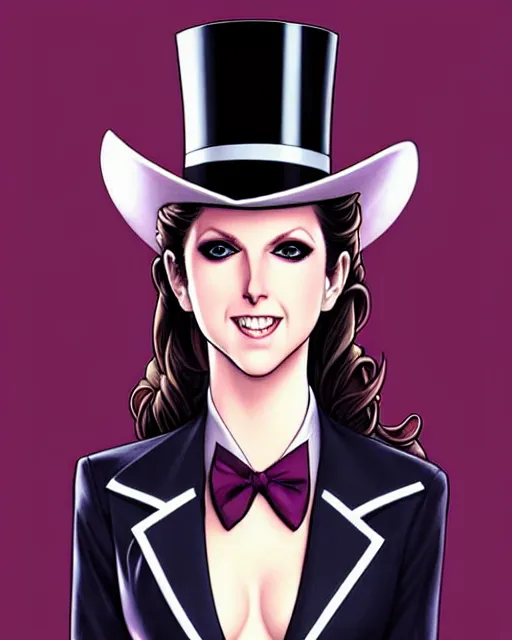 Prompt: beautiful Anna Kendrick Zatanna DC Comics floating on stage, wearing a top hat, symmetrical face symmetrical eyes, smiling, fantasy, intricate details, atmospheric, elegant, concept art, art by artgerm and eiichiro oda, Joshua Middleton art