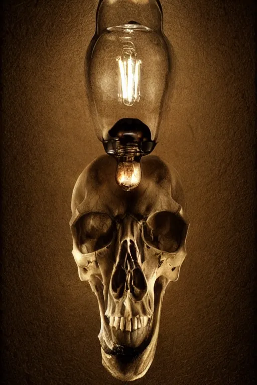 Image similar to photorealistic dark fantasy concept art of a lightbulb made from a human skull, dynamic lighting, stunning visuals, realism, cinematic, hyper detailed, ultra detailed, beautiful visuals