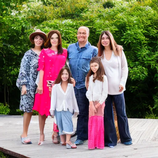 Prompt: middle aged female influencer family photo outdoors