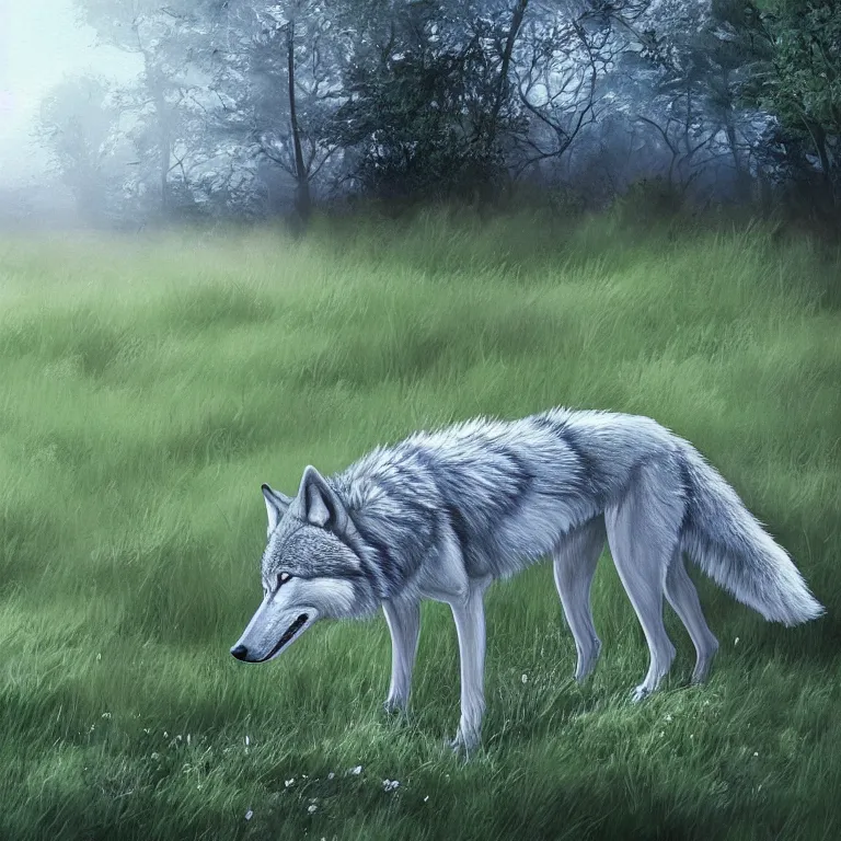 Image similar to Majestic wolf on the heath. Rough brushstrokes. Beautiful detailed scene. Interesting natural colour scheme. Beautiful artistic digital painting by Lurid (2022)