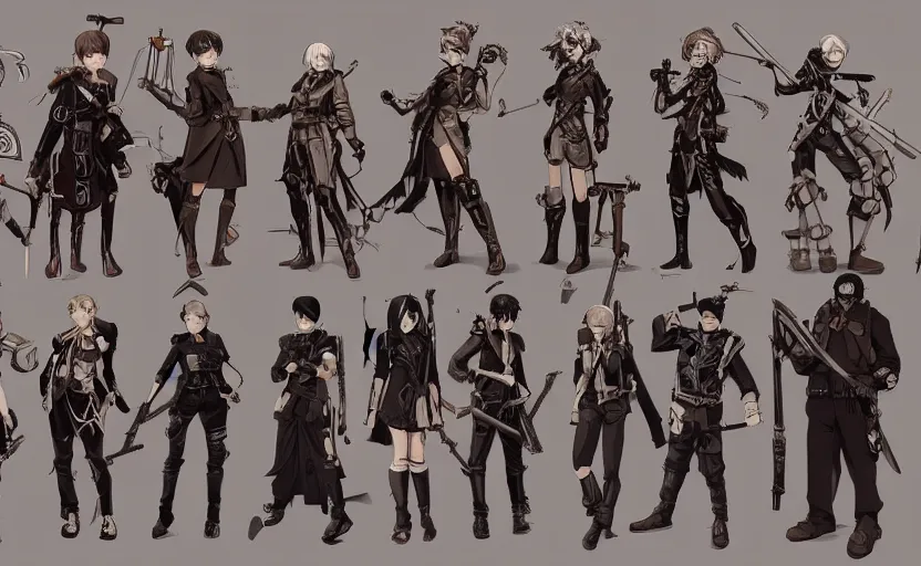 Image similar to roster concept drawing for a steampunk fantasy tactical rpg, anime realism style, characters and weapons, artwork by ilya kuvshinov