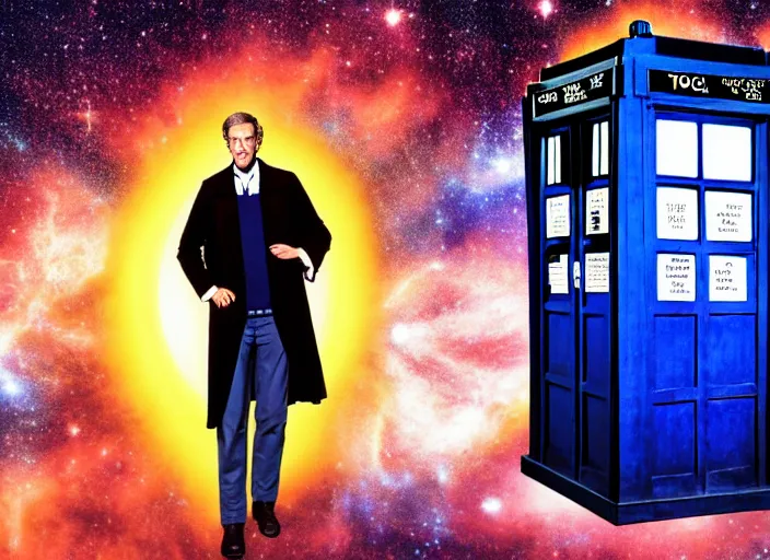 Prompt: product photo still of vhs cover of hugh laurie as doctor who in front of a nebula through the open door of the tardis printed on a vhs box on a table