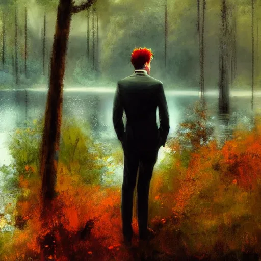 Prompt: stoic young man with red tipped hair that is otherwise green wearing a cream suit shedding a single tear standing before a lake in an autumnal forest, digital art, oil painting by jeremy mann and yoji shinkawa