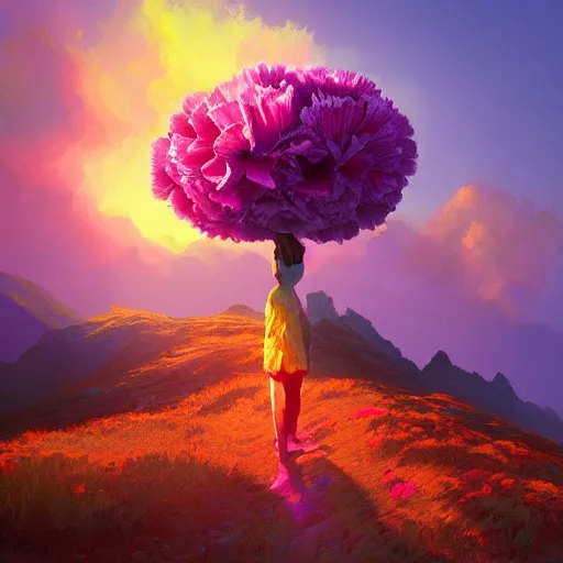 Image similar to giant carnation flower head, girl hiking in the mountains, surreal photography, sunrise, dramatic light, impressionist painting, colorful clouds, digital painting, artstation, simon stalenhag