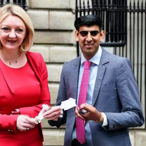 Prompt: Liz truss and Rishi sunak at parliament burning a pile of money. Daily Telegraph.