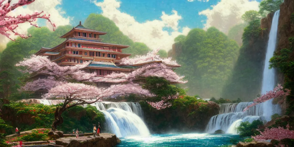 Image similar to a beautiful rendering of an art deco Shangri-la brownstone temple on a platform that extends over a great waterfall, Sakura cherry blossoms , by Albert bierstadt and jonas de ro and studio ghibli, trending on artstation-H 576