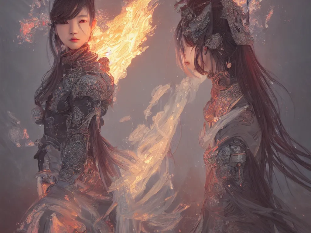 Image similar to portrait jisoo blackpink, grey hair armored samurai clothes, in fire japanese temple wet night, ssci - fi and fantasy, intricate and very very beautiful and elegant, digital painting, artstation, concept art, smooth and sharp focus, illustration, art by tian zi and wlop and alphonse mucha