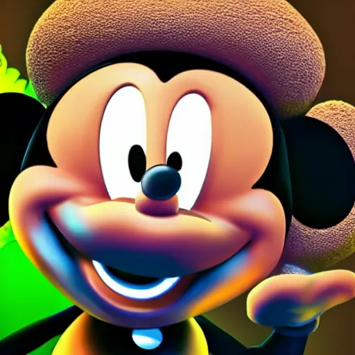 Prompt: close up photograph of very high on weed mickey mouse, stoner eyes, mickey mouse smoked weed, weed background, smoking a blunt, 8 k resolution