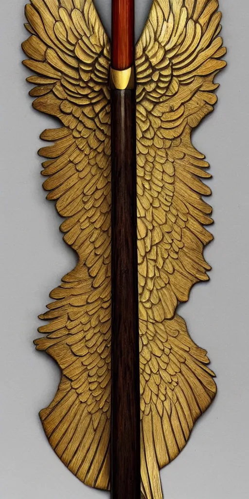 Image similar to a sword in the style of zdzisław beksinski, elegant, gold and oak inlay, wing motif, holy, wooden handle, golden blad