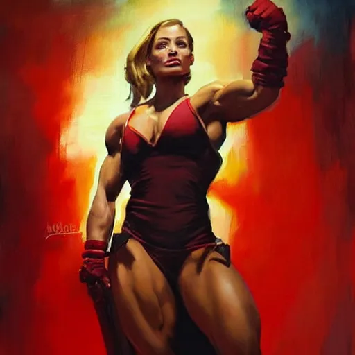 Prompt: greg manchess portrait of margot robbie as thick female bodybuilder lara croft wearing red dress, epic grimdark, fantasy, medium shot, asymmetrical, profile picture, organic painting, sunny day, matte painting, bold shapes, hard edges, street art, trending on artstation, by huang guangjian and gil elvgren and sachin teng