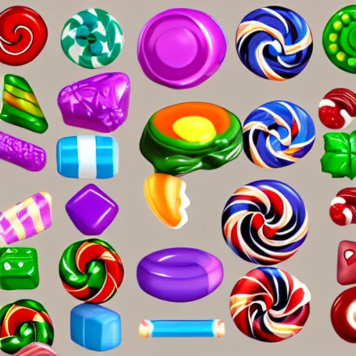 Prompt: Assortment of Candies, RPG game assets, stylized, 4K, clean, art by Takeshi Murakami