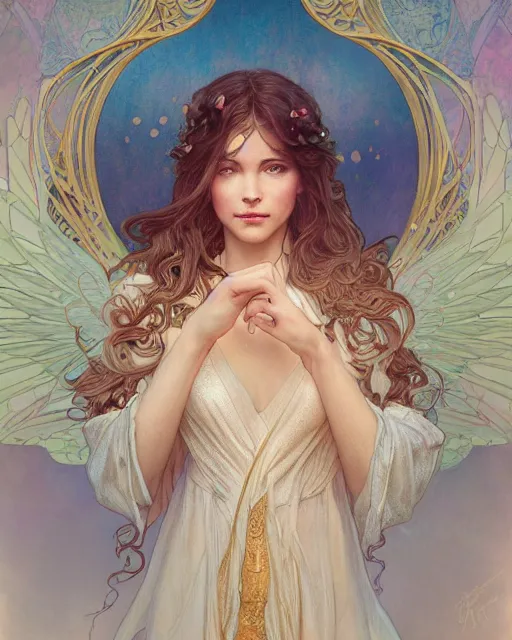 Image similar to an angel, highly detailed, very intricate, art nouveau, gold filigree, romantic storybook fantasy, soft cinematic lighting, award - winning, disney concept art watercolor illustration by mandy jurgens and alphonse mucha and alena aenami, pastel color palette, featured on artstation