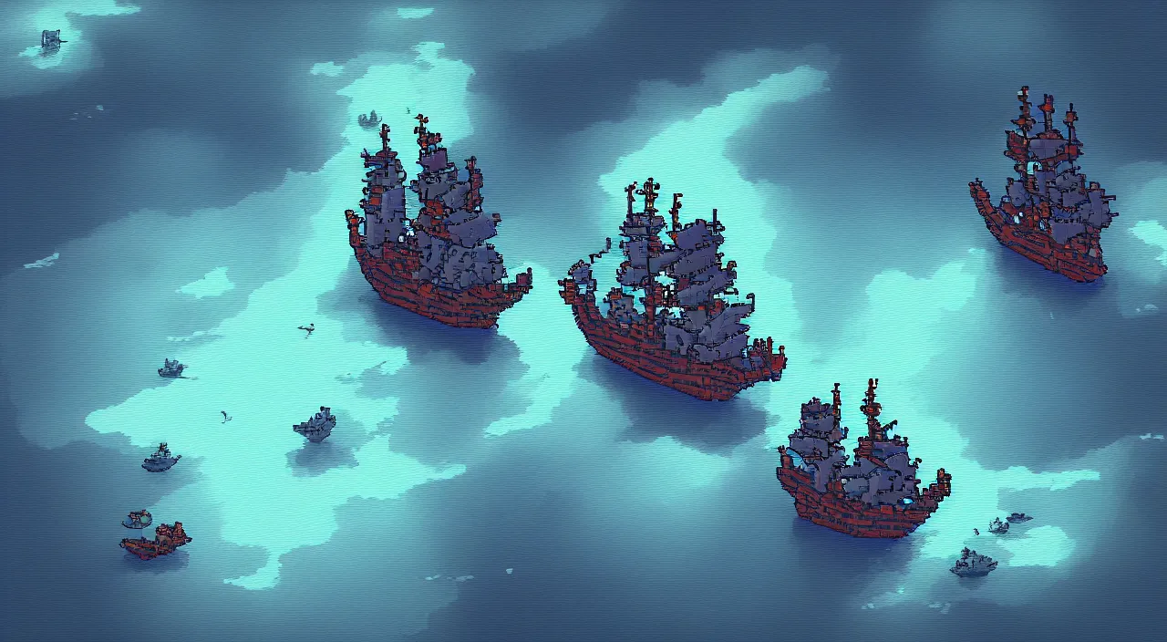 Prompt: Pixelart of a pirates ghost ships in the ocean, volumetric lighting, digital pixel art, pixiv, by Aenami